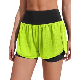 Pinspark - Pantalones cortos deportivos 2 en 1 para mujer, secado rápido, para correr, gimnasio, entrenamiento, con bolsillo con cierre, Verde, XL