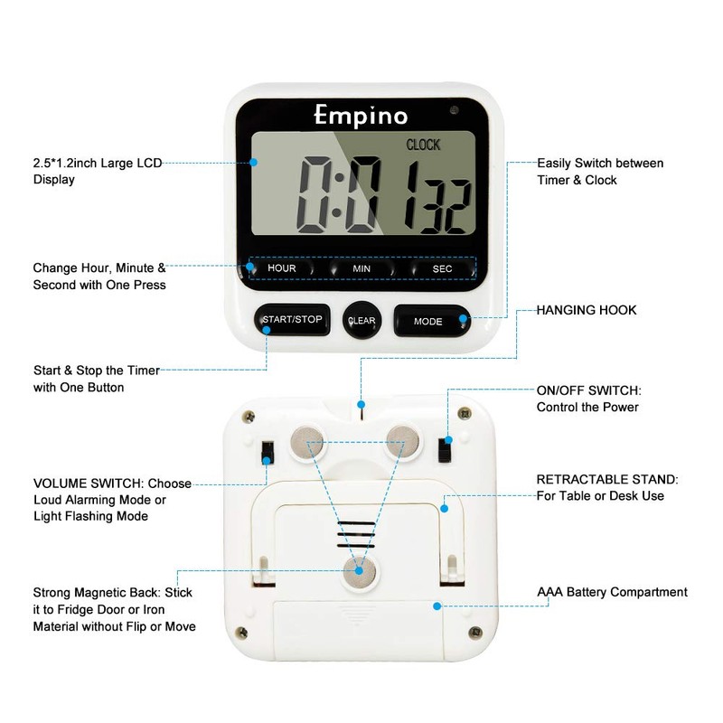 Empino Digital Kitchen Timer, Cooking Timer, 12-Hour Display Clock, Large