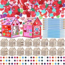 Qunclay 18 Pcs Valentine's Day Craft Wooden Houses for Adults True Love XOXO Unfinished Wood Kit DIY 3D Cutting Wooden Puzzle with 12 Paint and Brushes 180 Foam Stickers for Gift DIY