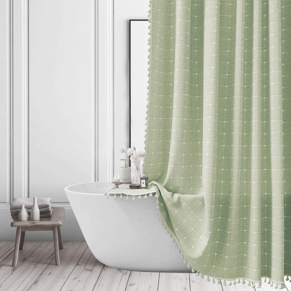 Sage Green Shower Curtain - Farmhouse Boho Modern Linen Fabric