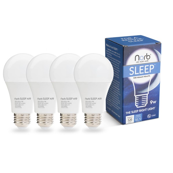 NorbSLEEP - Low-Blue Light Bulb for Bedtime and Evening, for Restful, Healthy Sleep for All Ages (Baby and Adults) (9W 4 Pack)