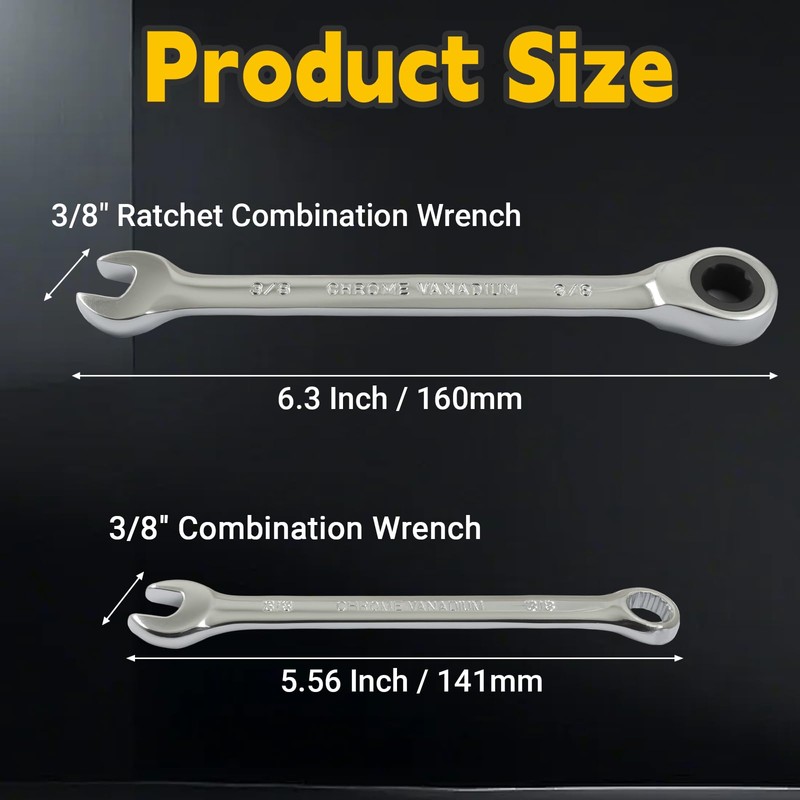 3/8 Inch Ratcheting Wrench 2 Pcs 72-Tooth 12-Point Chrome Plated