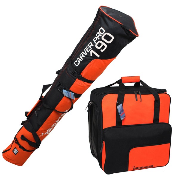 BRUBAKER "Superfunction Combo Ski Boot Bag and Ski Bag for 1 Pair of Ski up to 190 cm, Poles, Boots and Helmet - Orange Black