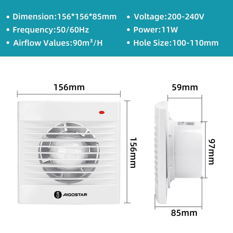 Aigostar Bathroom Fan 100 mm with Overflow Exhaust Fan Kitchen,