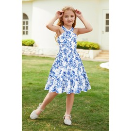 GRACE KARIN Girls Valentine Dress Off Shoulder Floral Easter Dress Spring Summer A-line Midi Dress Blue White 12Y
