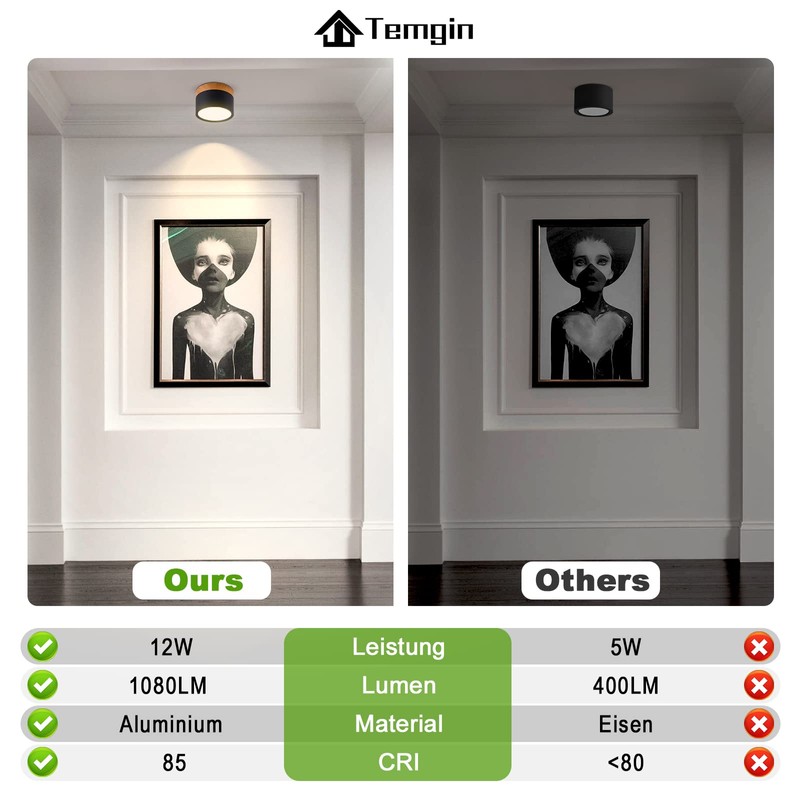 Temgin Ceiling Light Surface-Mounted LED 12 W IP65 Ceiling Spotlights