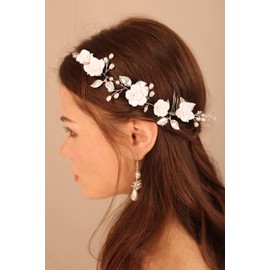 Deniferymakeup Flower Bride Wedding Hair Vine Comb Pearl Hair Accessories Leaf Bridal Headband Headpiece for Women and Girls (Silver)