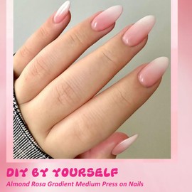 Pack of 240 False Nails for Sticking, Almond Pink Gradient Medium Artificial Fingernails - Nail Tips Set with 2 Pieces Nail Oil Pen - Fake Nails with Glue for Women (Almond Pink Gradient)