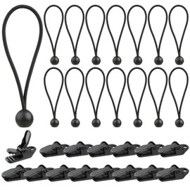 15 Pcs Bungee Cord Ball Ties Elasticated Shock Tarp Rope Ties for Tents Tarpaulins and Banner with 15 Pcs Tarpaulin Clips, Pack of 30 Black