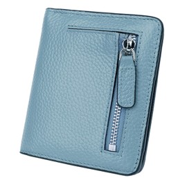 AINIMOER Small Leather Wallet for Women, Ladies Credit Card Holder RFID Blocking Women's Mini Bifold Pocket Purse, Gray Blue