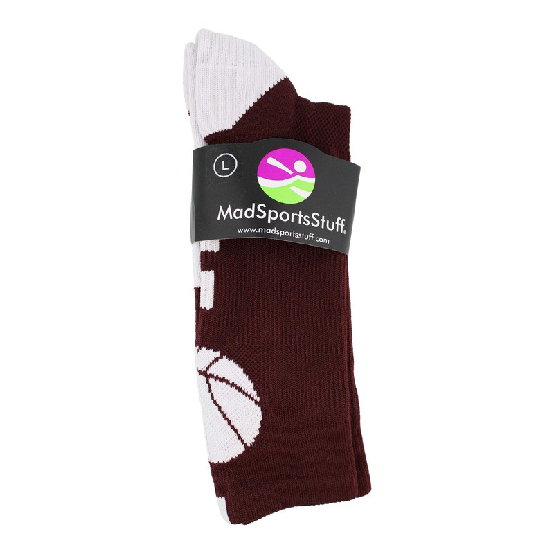 MadSportsStuff Basketball Logo Athletic Crew Socks, Medium - Maroon/White