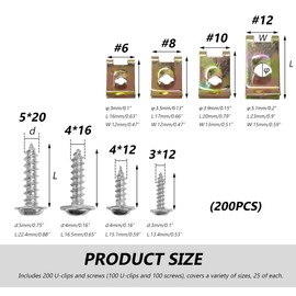 BWBWND 200PCS Car U‑Clips with Screw Assortment Kit, #6/8/10/12 4 Sizes U-Style Clip-On Nuts Automotive Screws, Metal U-Type Fasteners Retainers for Dash Door Panel Interior Trim