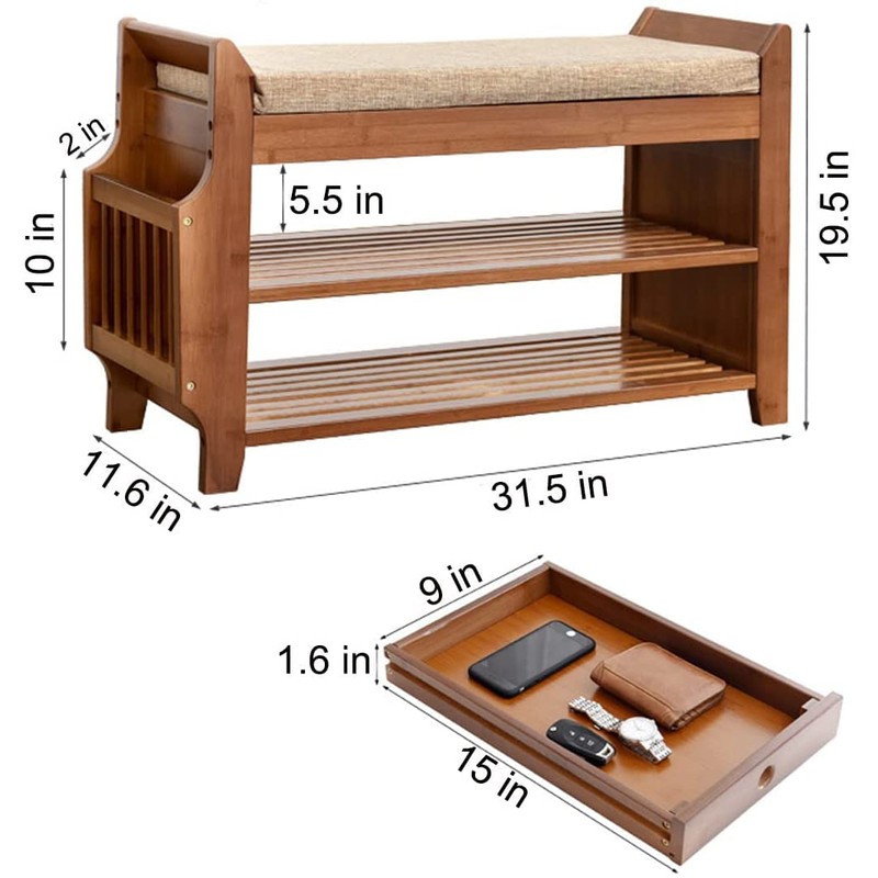PETKABOO 2 Tier Shoe Bench, Bamboo Shoe Rack Bench, Shoe