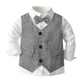 Boys Clothes Set, Dress Shirt with Bow Tie + Formal Vest + Newsboy Hat + Suspender Pants 4 Pieces Gentleman Suit Kid, Hat - Grey, 5-6 Years = Tag 140