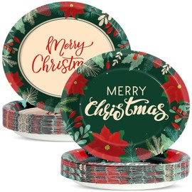 Lonfliness 50Pcs Christmas Floral Plates Disposable Paper Party Decorations Supplies 11 Inch Christmas Poinsettia Oval Plate Platter Dish Tray, Xmas Holiday BBQ Gathering Tableware Dinnerware