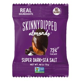 SKINNYDIPPED SuperDark + Sea Salt Chocolate Covered Almonds, 0.46 Ounce Mini Bags, 24 Count