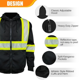 TOKISHI Men's High Visibility Safety ANSI Class 3 Reflective Zipper Cold Weather Reflective Hoodie -Hi Vis Hoodie (US, Alpha, X-Large, Regular, Regular, Black)