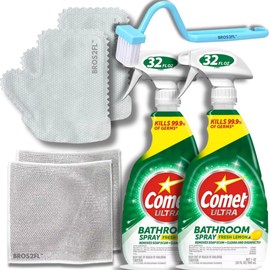 BROS2FL Comet Bathroom Cleaner Spray - 32 oz (2 pk) Bundle Cleaning Gloves, Cleaning Brush, and Multipurpose Wire Miracle Cleaning Cloths (4 Items)