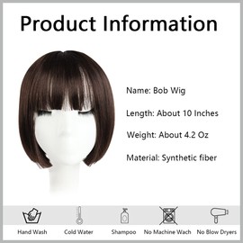 HSPJHTM Brown Bob Wigs,Short Bob Hair Wigs 10" Straight with Flat Bangs Synthetic Colorful Cosplay Daily Party Wig for Women Natural (Free Wig Cap)
