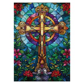 Stained Glass Cross Puzzles for Adults 1000 Pieces, Mosaic Christian Religious Jigsaw Puzzles, Flower Jesus Crucifixion Puzzles