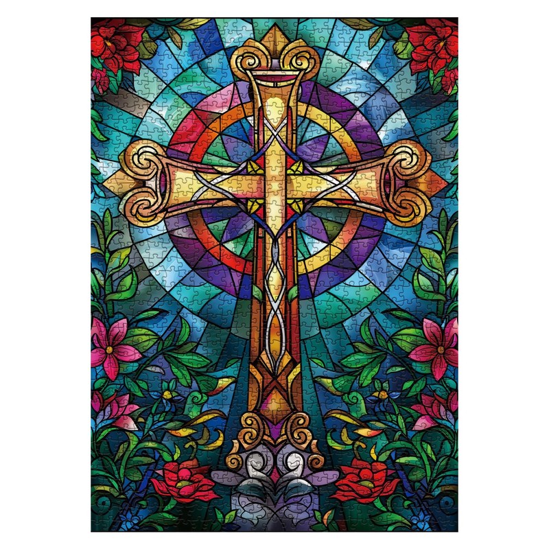 Stained Glass Cross Puzzles for Adults 1000 Pieces, Mosaic Christian