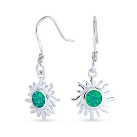 Irradiance Green Created Opal Summer Fun Sunburst Dangle Drop Earrings For Women Teens .925 Sterling Silver Fish Wire