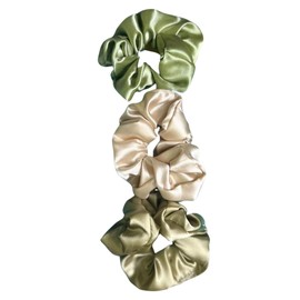 Multicolor Satin Hair Scrunchies for Women – Soft, Gentle & No-Crease Hair Ties | Premium Elastic Scrunchies for All Hair Types | Pack of 3, Ideal for Everyday Use (Olive-Pink-Golden)