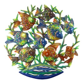 Global Crafts 24" Recycled Handmade Haitian Metal Wall Art Sea Life, School Fish