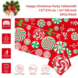 Wentsent 2 Pack Christmas Tablecloth, 137x274cm Large Plastic Rectangle Red Candy Lollipop Party Table Covers Xmas Dinner Tablecovers for Winter Holiday Christmas Tableware Decorations