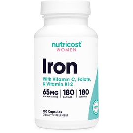Nutricost Iron for Women 65mg, 180 Capsules, with Vitamin C, Folate, & Vitamin B12 - Vegetarian Friendly, Non-GMO, Gluten Free