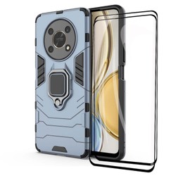 GOKEN Hülle für Honor Magic4 Lite + 2 Panzerglas, Schutzhülle TPU/PC Handyhülle mit 360 Grad Drehung Fingerring Ständer, Stoßfest Bumper Armor Case Hybrid Cover, Blau