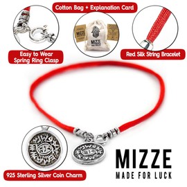 MIZZE Made for Luck Men's 8" Sterling Silver Evil Eye Protection Charm Bracelet - Red Silk String Bracelet with King Solomon Amulet