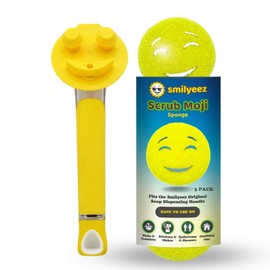 The Original Smiling Sponge Handle Soap Dispensing Handle by Smilyeez - (Yellow) & 3 Yellow Scrub Moji Sponges