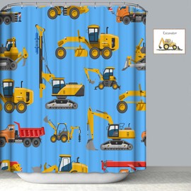 ZCHOMI Construction Vehicles Shower Curtain for Kids Yellow Truck Excavator Tractor Cars Blue Boys Bathroom Curtain Waterproof Polyester Fabric Bath Curtain 72 x 72 Inch with 12 Plastic Hooks