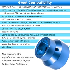 Fuel Filter/Oil Filter Socket 24mm / 36mm Reversible Fuel Filter Cap Remover and Installer Assistant for 2003-2010 6.0L / 6.4L Ford Powerstroke Diesel (Blue)