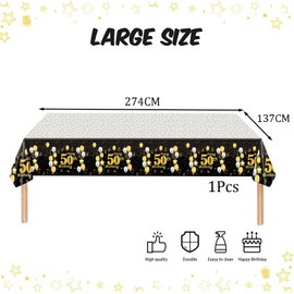 Black Gold Happy 50th Birthday Table Cloth Cover Party for Men,Women,Him,Her,137*274cm 50th Birthday Table Decorations,Rectangular Plastic Tablecloth for 50th Birthday Party Supplies Decorations