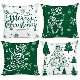 Miaikoe Christmas Cushion Covers 50x50 Set of 4 Christmas Decoration Trees Deer Snowman Merry Christmas Decorative Holiday Farmhouse Pillow Cases for Holiday Christmas Decoration（Green）