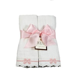 Cotton & Lace Baby Girl Burp Cloth Set of 2 ( Heirloom Collection ) Pink Bows + Option to Personalize with Name or Initials Monogram by MEG Original Boutique