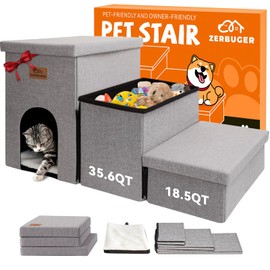 Zerbuger Dog Stairs 18" H, 3-Step Wider Dog Steps for High Beds Couch, Folding Storage Pet Stairs Gift for Small/Medium/Large Old Dogs Cats, Ramp for Climbing Car Up to 200 lbs, (Gray, with Condo)