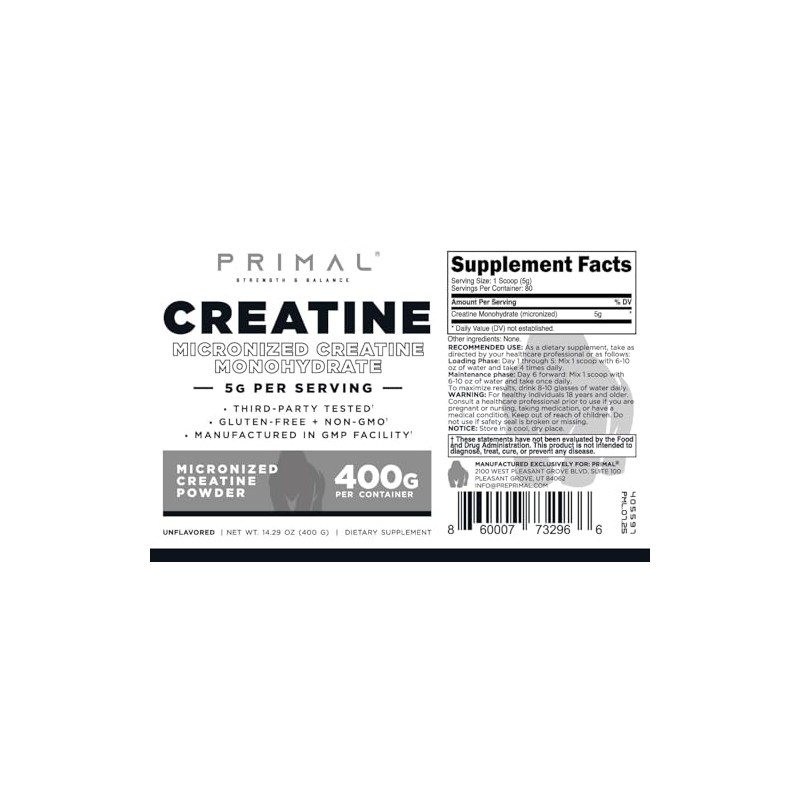 Primal- Creatina Monohidrato Polvo (400 Gramos) Creatina Micronizada Sin Sabor