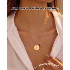 TDBSOQI 18K Gold Plated Birth Flower Necklace for Women Dainty Emerald Green Blue Birthstone Pendant Necklaces Birthflower Jewelry Birthday Gift for Women