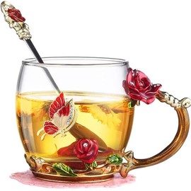 VANUODA Enamels Butterfly Flower Tea Cup, Glass Coffee Mugs with Spoon, Valentine's Mother's Day Christmas Gifts for Women Wife Mom Her Grandma Girls Teacher Friends, Birthday Present Idea (Red)