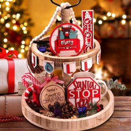 Christmas Tiered Tray Decor - 9 PCS Christmas Decorations Indoor Farmhouse Rustic Tiered Tray Wooden Signs Decor for Kitchen Table Party