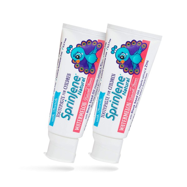 Sprinjene Watermelon Kids Toothpaste with Fluoride for Cavity Protection & Fresh Breath - Natural SLS Free Toddler Toothpaste for Childrens 2 Years & Up/Preservative & Toxic Free (2 Pack)