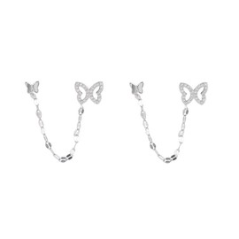 Double Butterfly Chain Cuff Wrap CZ 925 Sterling Silver Stud Crawler Climber Earrings for Women Girls Cartilage Threader Tassel Dangle Hypoallergenic 14K Gold Plated Gifts for Bff Birthday (Silver)