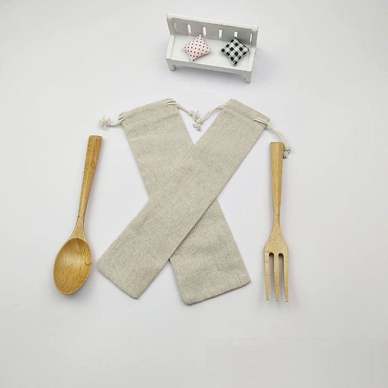 6Pcs Cotton Linen Drawstring Bag Cutlery Fork Spoon Chopsticks Straw