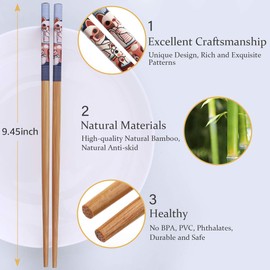 10-Pairs Bamboo Chopsticks, GLAMFIELDS Reusable Chopsticks Set Classic Natural Bamboo Chop Sticks Dishwasher Safe 9 1/2 Inches (Cute Cat Drawing)