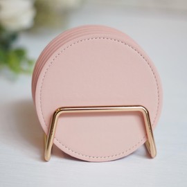 Cute Pink Leather Coasters, Set of 5 Round Coasters with Gold Holder, Kawaii Coasters with Heat-Resistant and Absorbent Cork, Cute Decor