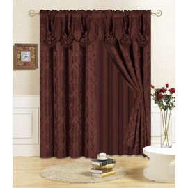 All American Collection New 4 Piece Drape Set with Attached Valance and Sheer with 2 Tie Backs Included (84" Length, Coffee)
