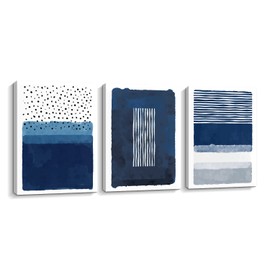 Creoate Blue Canavs Wall Art for Living Room Decor 3 Pieces Abstract Blue and White Painting Canvas Print Framed Artwork Set for Bedroom Decor Navy Blue Canvas Wall Decor, Ready to Hang, 12x16 Inch
